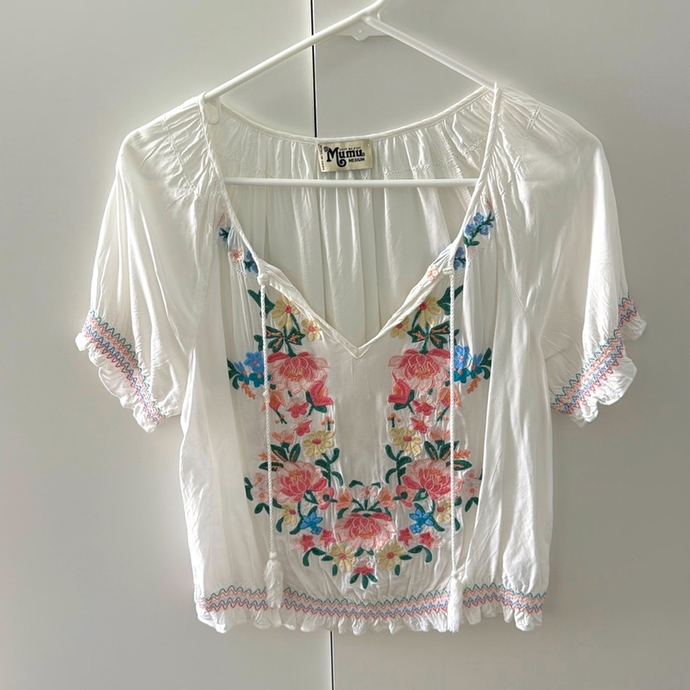 Show Me Your Mumu Floral Embroidered smocked shirt sleeve cuff